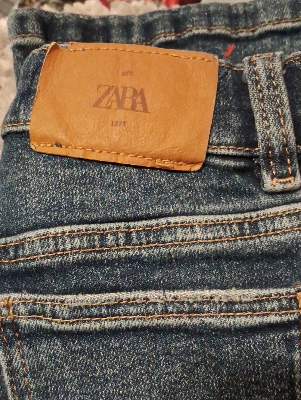 ZARA Indigo Denim Jeans with Tan Leather Patch